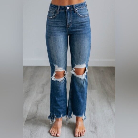 New Risen High Rise Straight Leg Jeans Ripped Knee Distressed Dark Wash - Picture 1 of 4